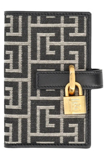 Balmain men’s monogram card holder in black and white geometric pattern with gold-tone padlock clasp