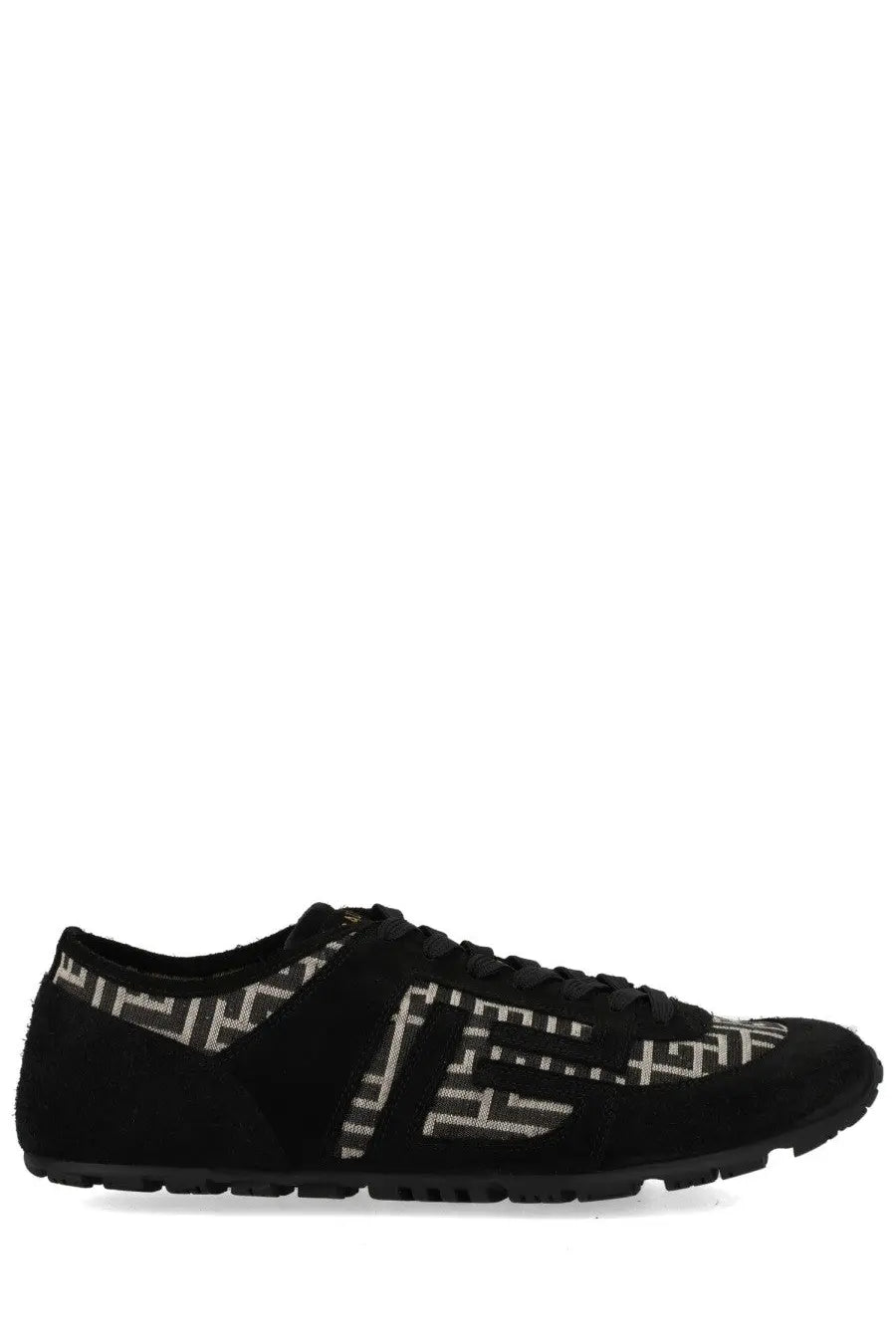 Balmain men’s racer sneaker in black suede with white and gray geometric pattern on side heel and tongue