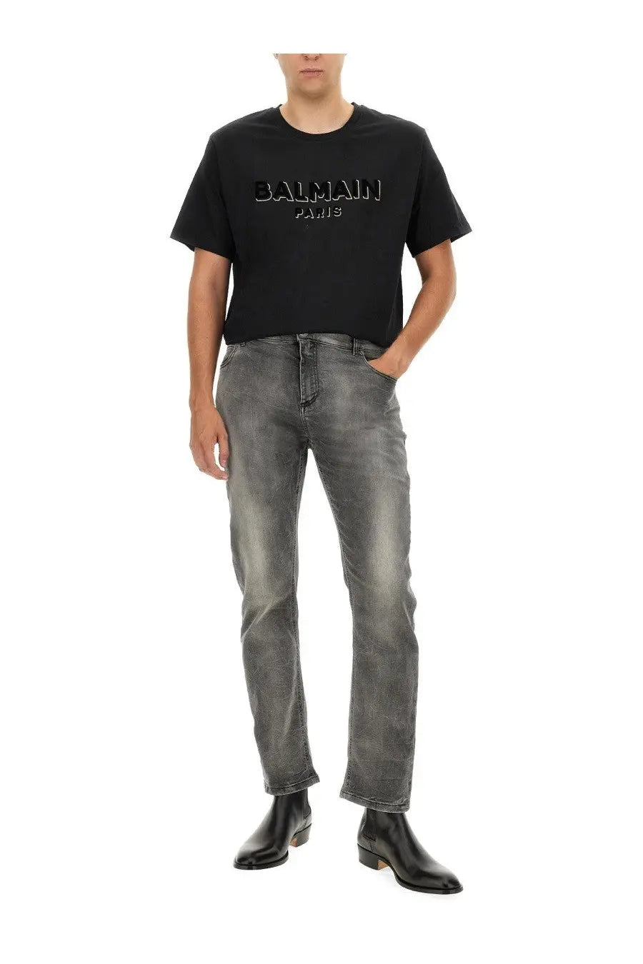 Black balmain paris logo t-shirt with subtle textured print paired with balmain men’s regular fit grey jeans