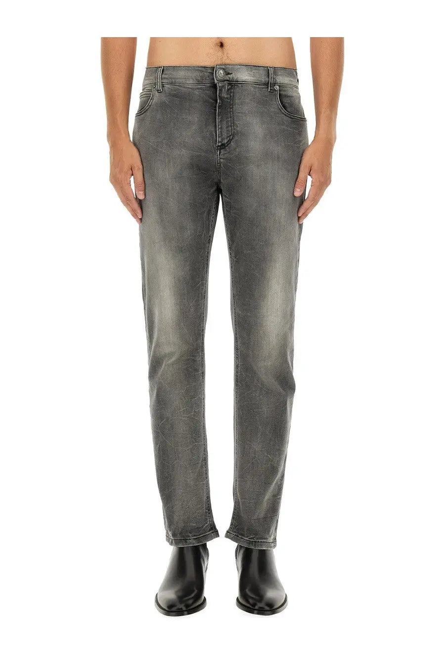 Balmain men’s regular fit dark gray distressed denim jeans with straight-leg cut and subtle fading
