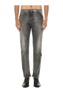 Balmain men’s regular fit dark gray distressed denim jeans with straight-leg cut and subtle fading