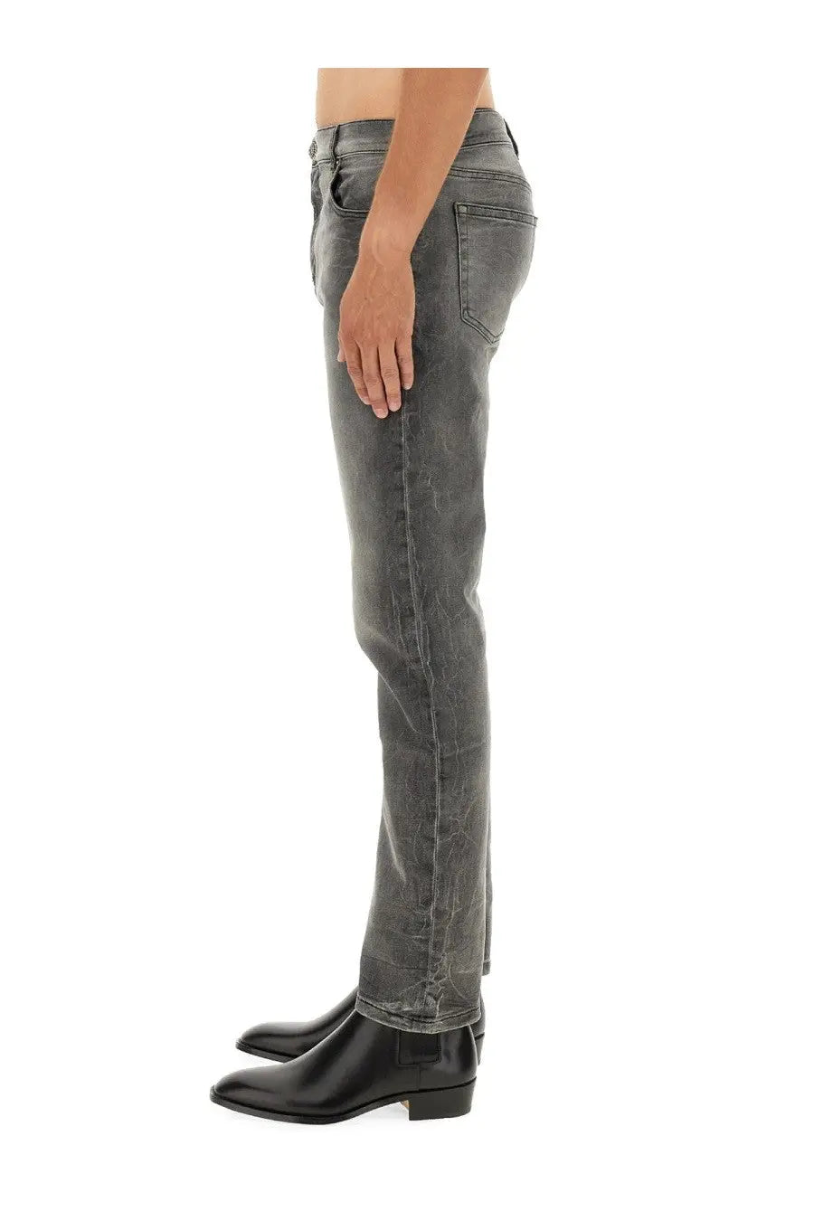 Balmain men’s regular fit dark gray slim-fit denim jeans with faded distressed finish and visible stitching
