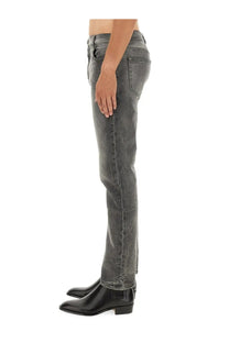 Balmain men’s regular fit dark gray slim-fit denim jeans with faded distressed finish and visible stitching