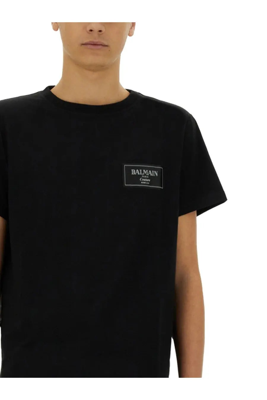 Balmain men’s black cotton couture short-sleeved t-shirt with rectangular embroidered logo patch on chest