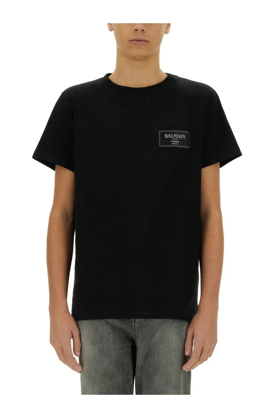 Balmain men’s black t-shirt featuring a rectangular logo patch on the left chest for casual wear