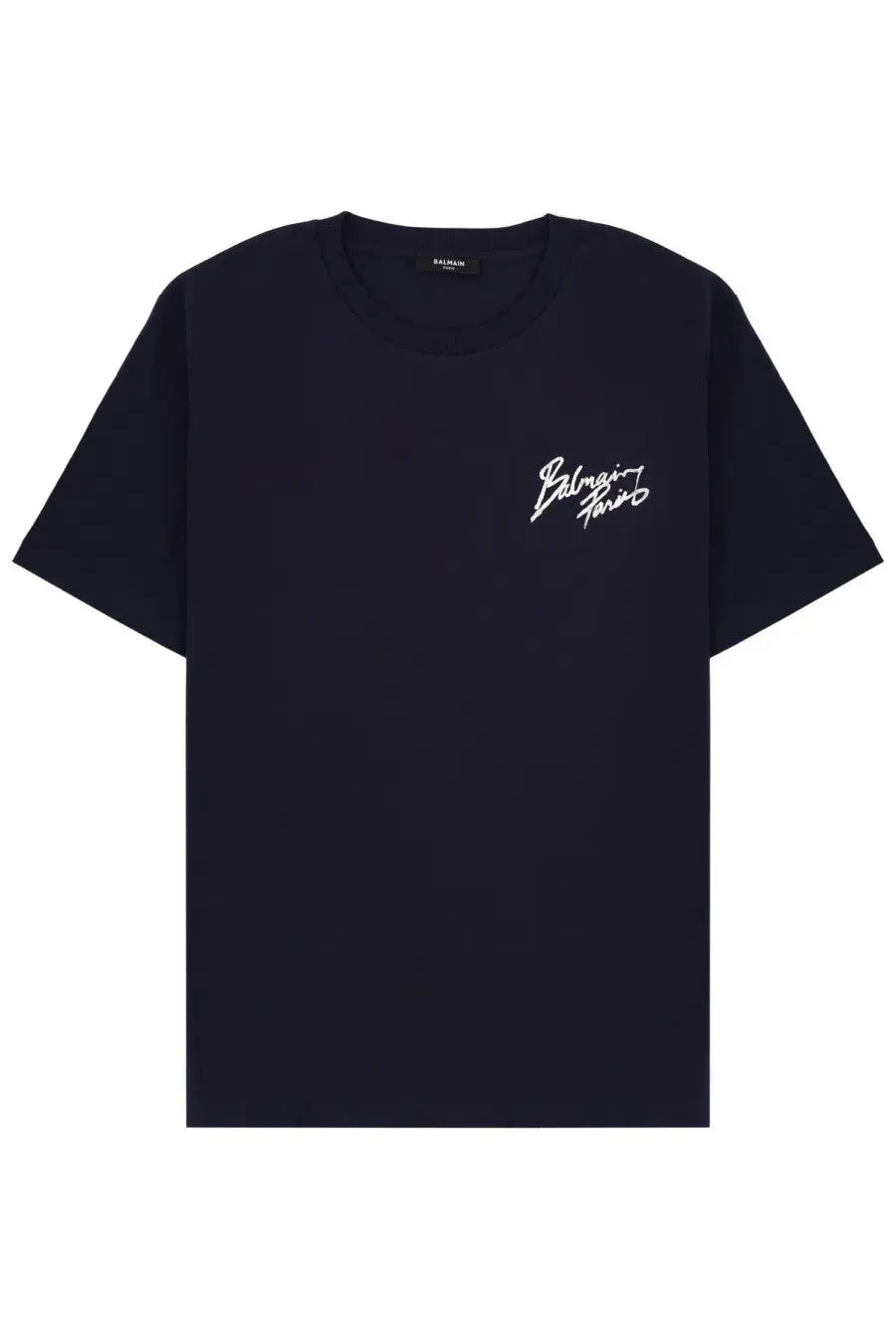 Balmain men’s black short-sleeved t-shirt with white cursive palmer logo on left chest for casual wear