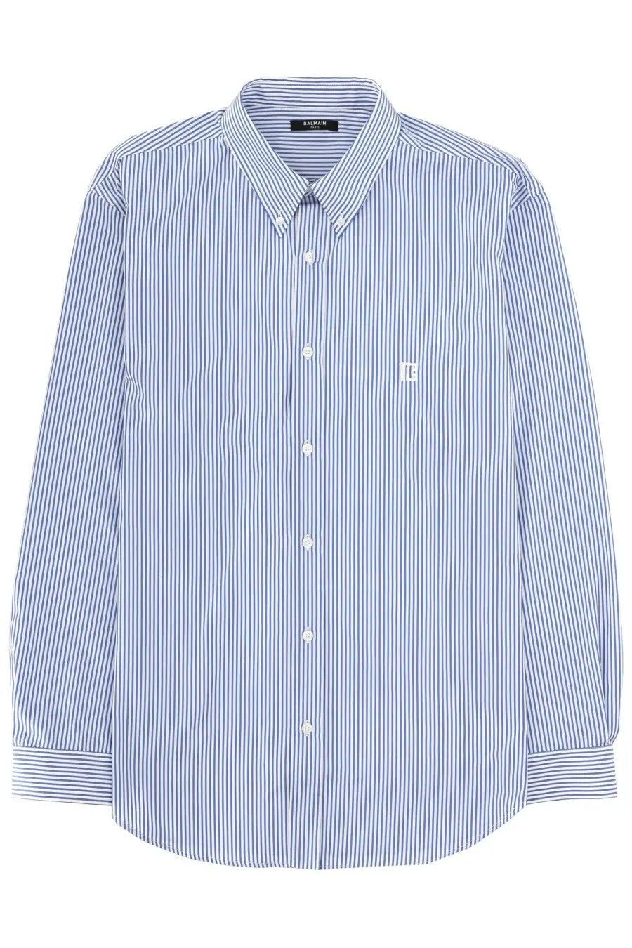 Balmain men’s blue and white striped button-down shirt with small embroidered logo on left chest for casual wear