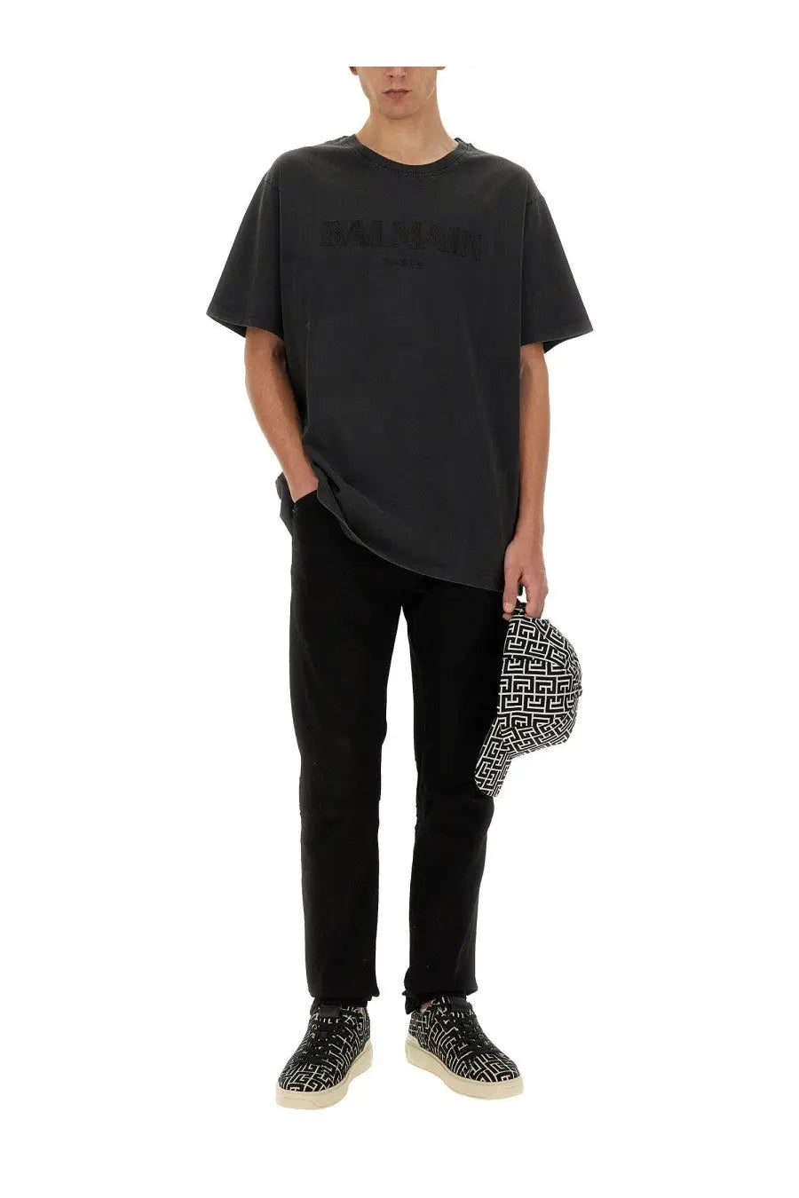 Balmain men’s black oversized t-shirt with subtle embossed logo across the chest in soft cotton material