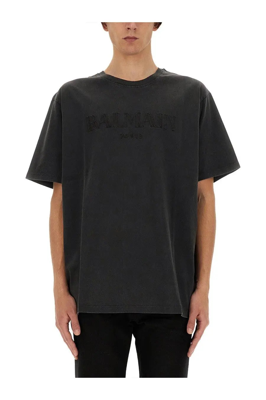 Black balmain men’s t-shirt with faded embossed logo across chest in soft grey cotton fabric