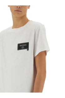Balmain men’s white cotton couture short-sleeved t-shirt with a black rectangular patch on the chest