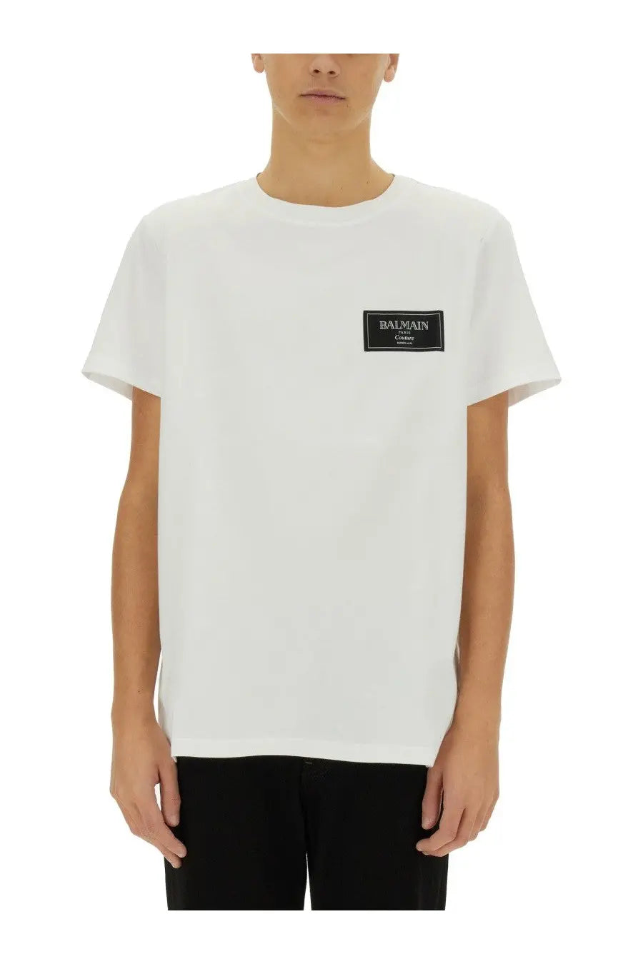White balmain men’s short-sleeved cotton t-shirt with a black rectangular logo patch on the left chest