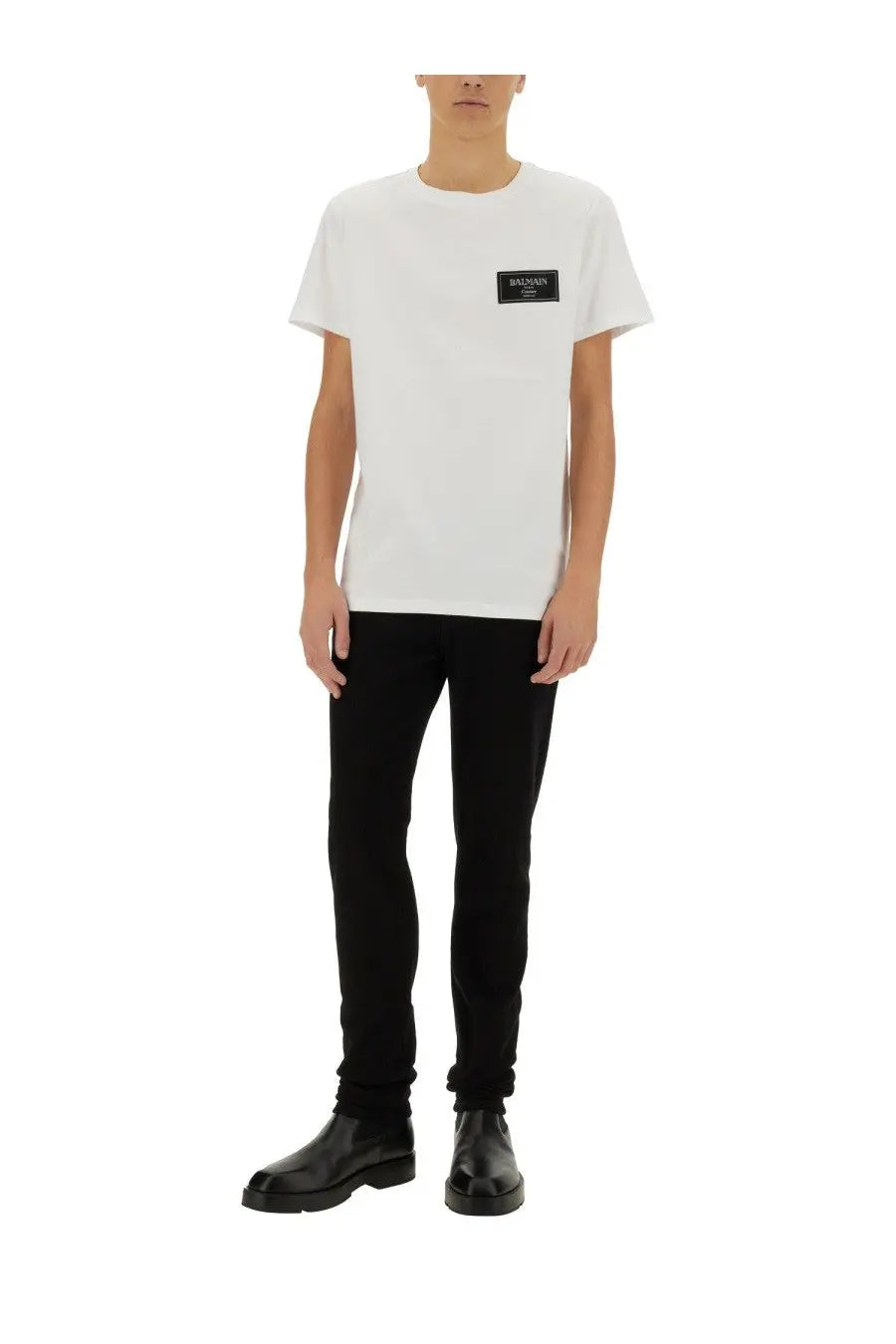 Balmain men’s white t-shirt with a black rectangular logo patch on the left chest front made of cotton