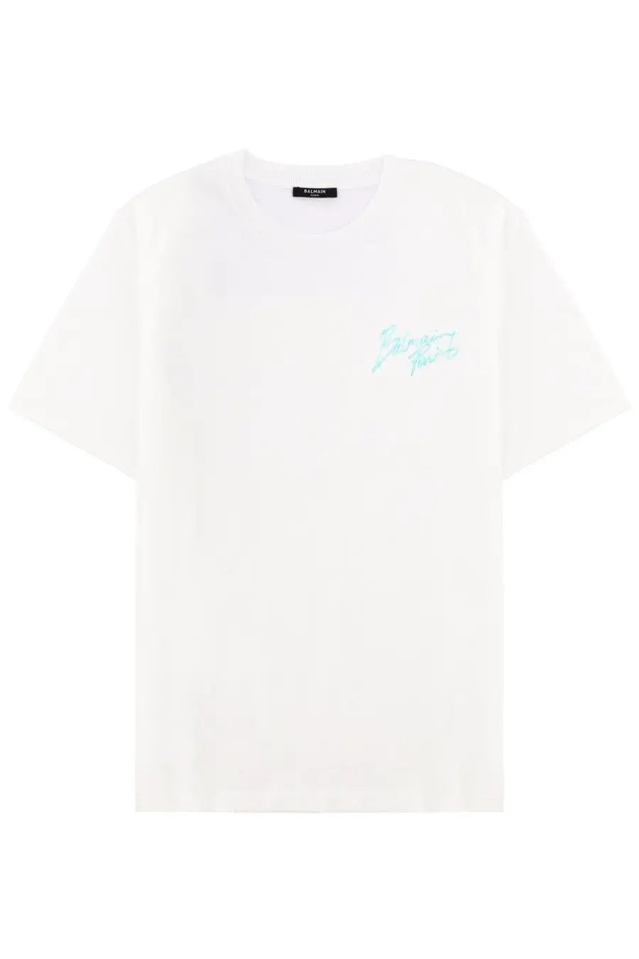Balmain men’s white cotton t-shirt with a subtle mint green script logo on the chest