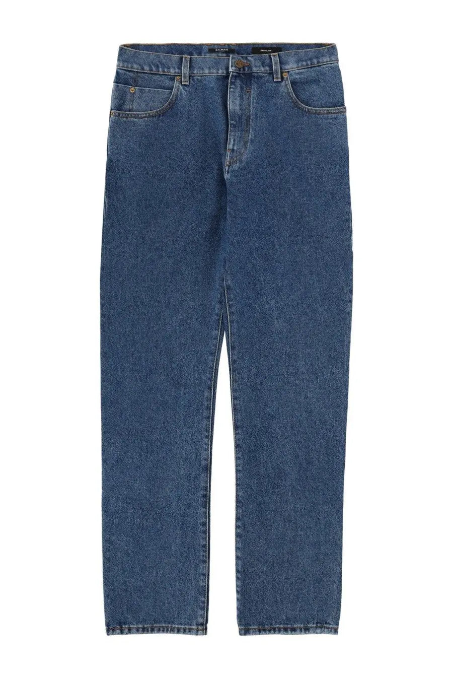Balmain men’s straight denim jeans in blue with classic straight-leg cut and faded wash in blue denim