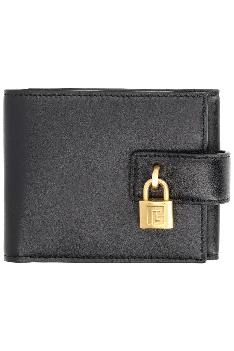 Balmain men’s trifold wallet pulse black leather with gold-tone padlock clasp featuring the Givenchy logo