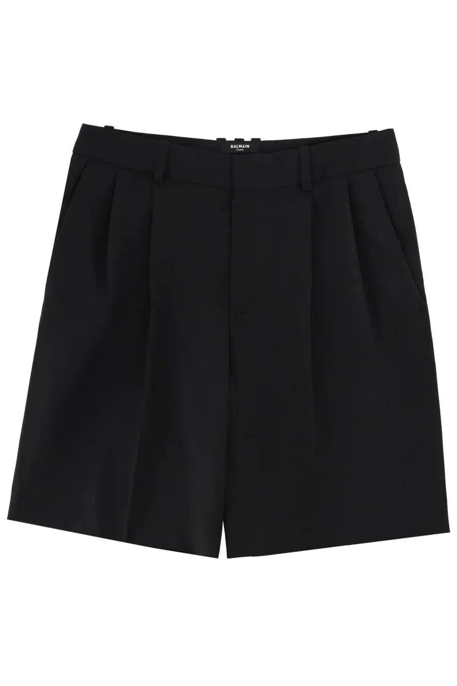 Balmain men’s black wool tailored shorts with pleats and embroidered logo on the front waistband