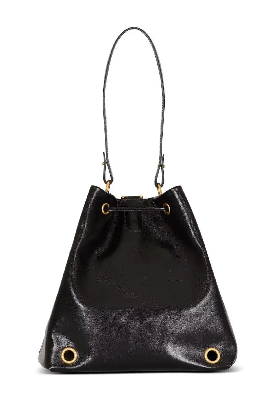 Balmain unisex pulse convertible leather backpack black with black leather bucket bag style and gold hardware drawstring closure