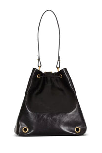 Balmain unisex pulse convertible leather backpack black with black leather bucket bag style and gold hardware drawstring closure