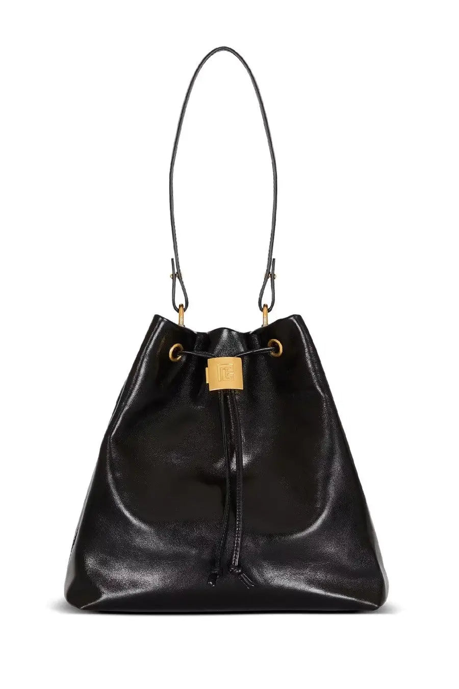 Balmain unisex pulse convertible black leather bucket bag with gold-tone hardware and drawstring closure