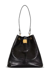 Balmain unisex pulse convertible black leather bucket bag with gold-tone hardware and drawstring closure
