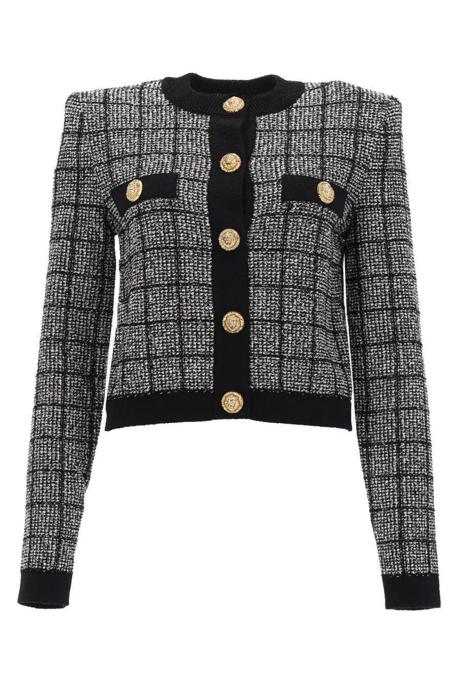 Balmain women’s cardigan black in black and white herringbone tweed with gold-tone button closures cropped jacket