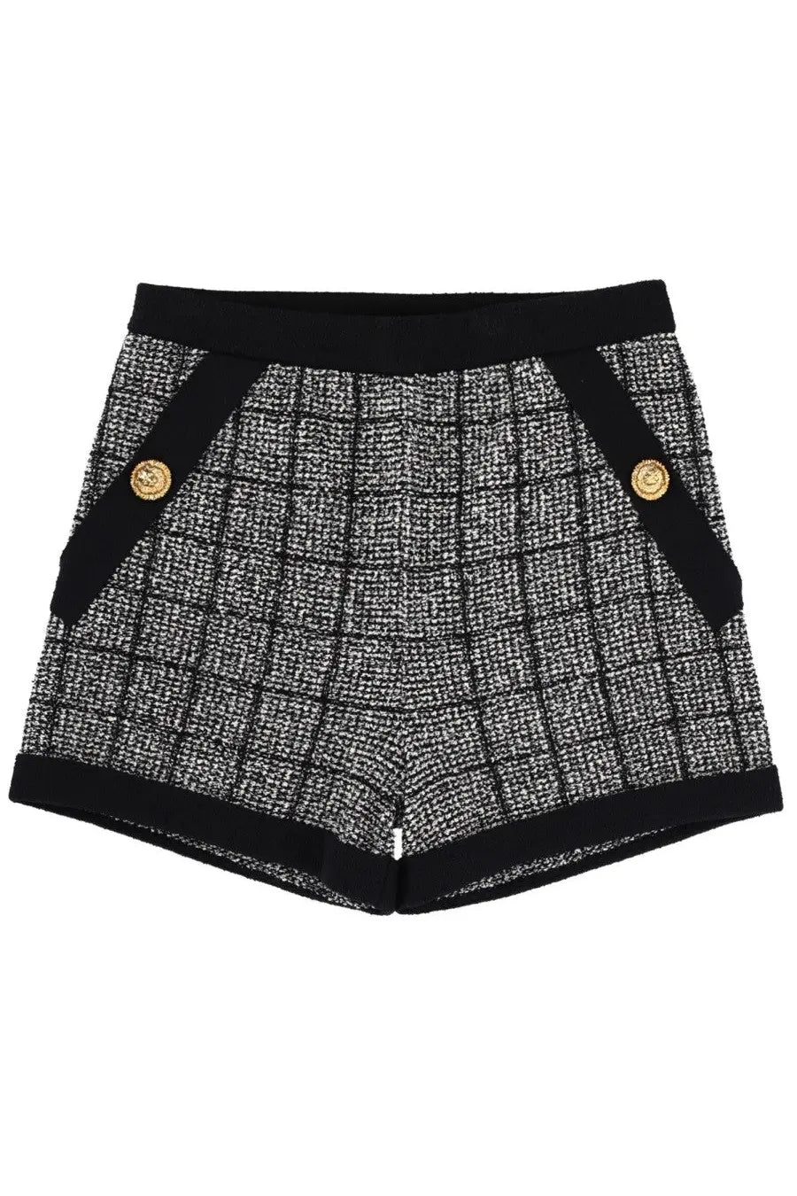 Balmain women’s black cotton tweed shorts with black and gray herringbone pattern and gold-tone buttons
