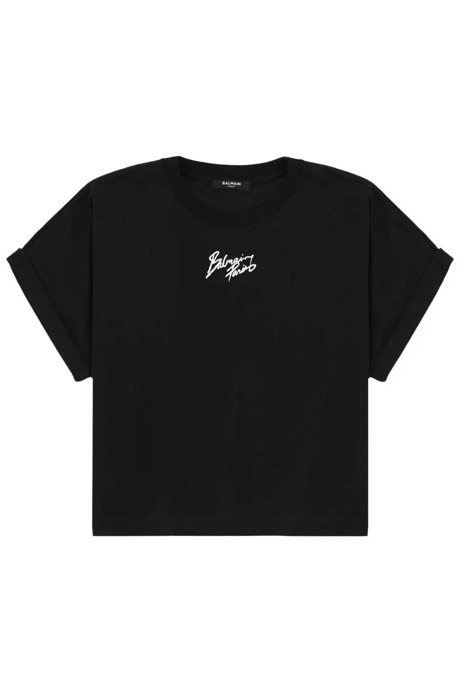 Balmain women’s cropped shirt black with white cursive balmain paris logo embroidered on the chest