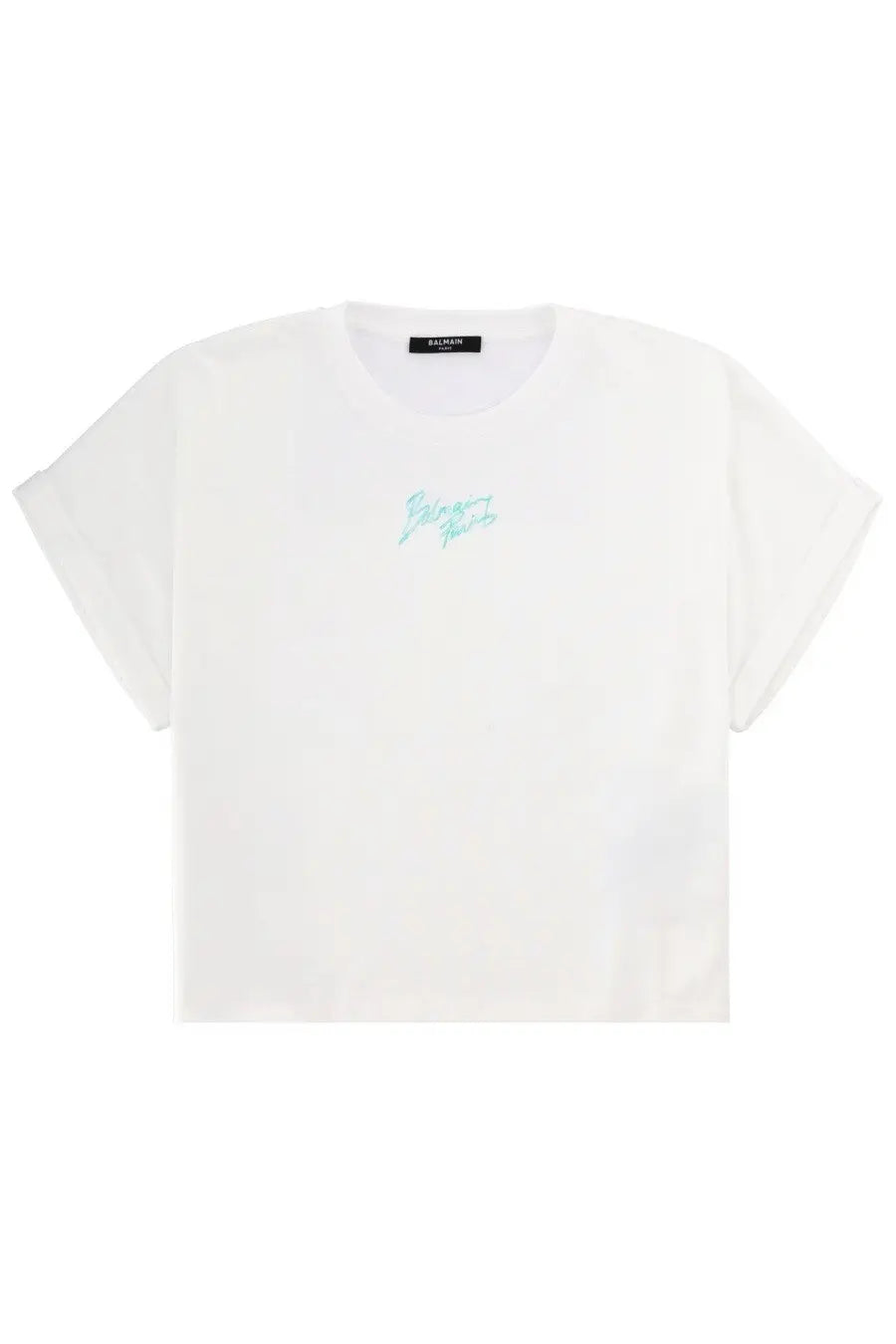 Balmain women’s white cropped t-shirt with subtle mint green embroidered logo on the chest