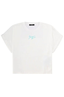 Balmain women’s white cropped t-shirt with subtle mint green embroidered logo on the chest