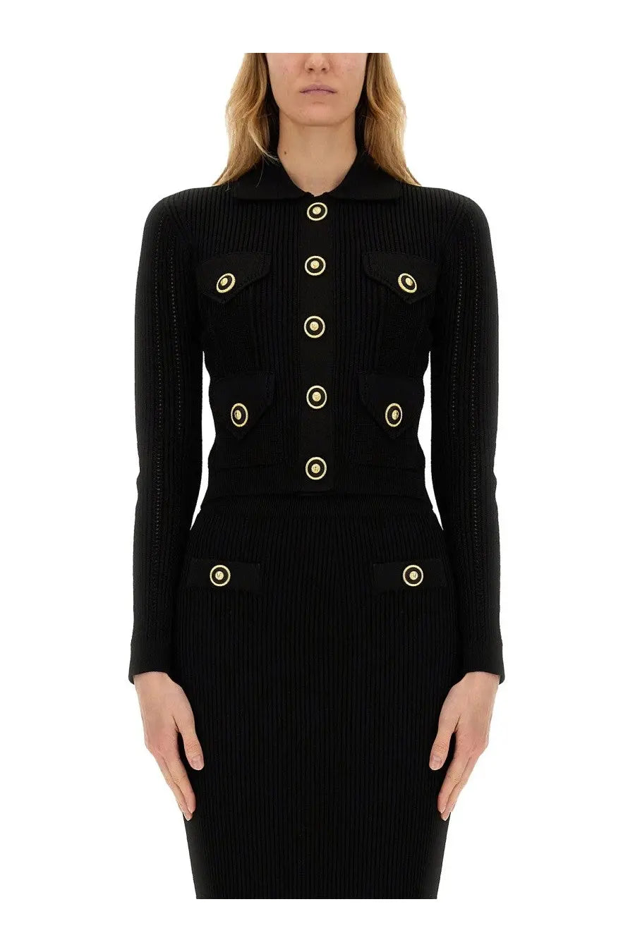 Balmain women’s black ribbed knit cardigan with gold toned circular buttons and patch pockets