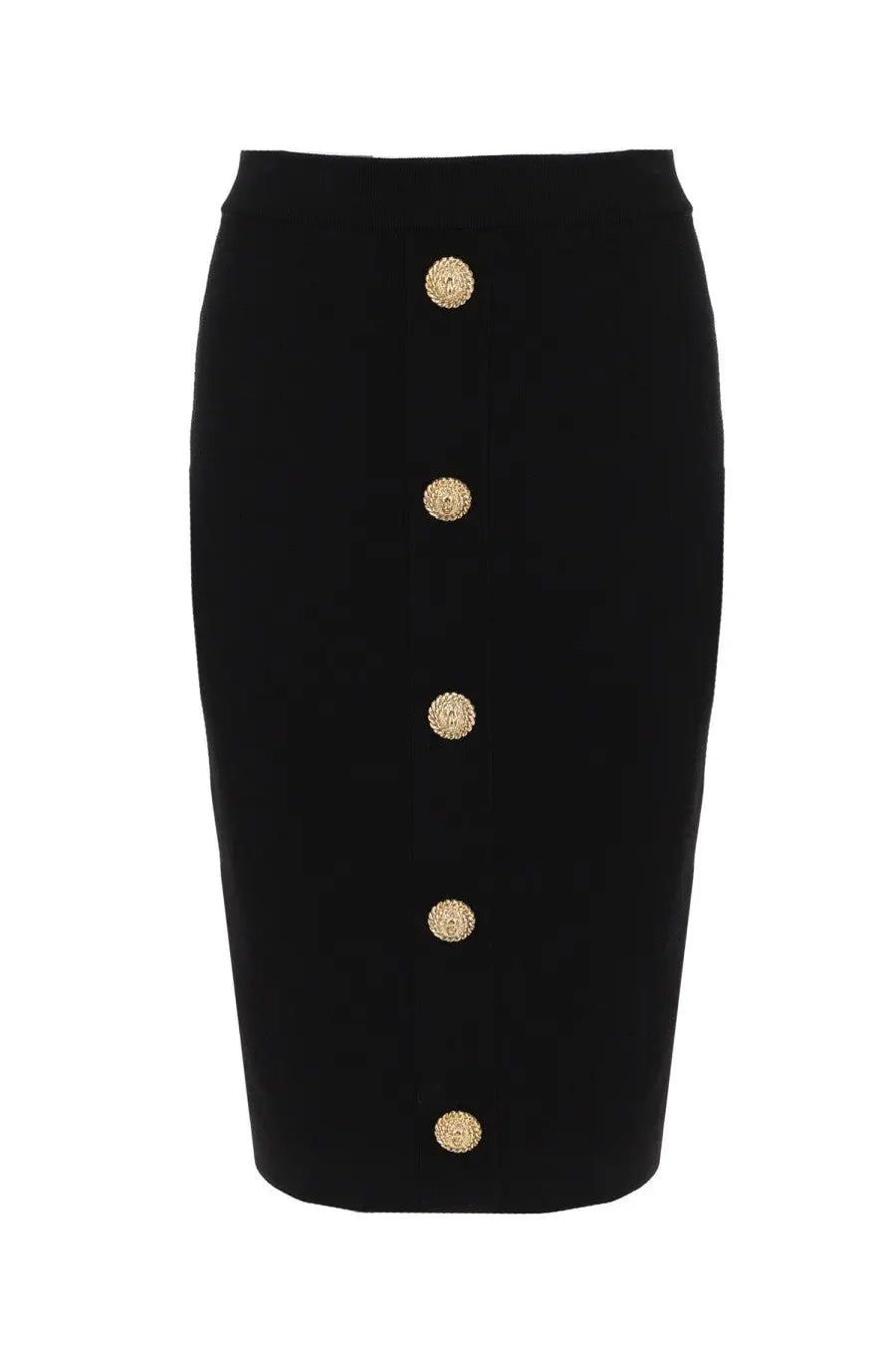 Balmain women’s black midi pencil skirt with five ornate gold toned buttons down the front
