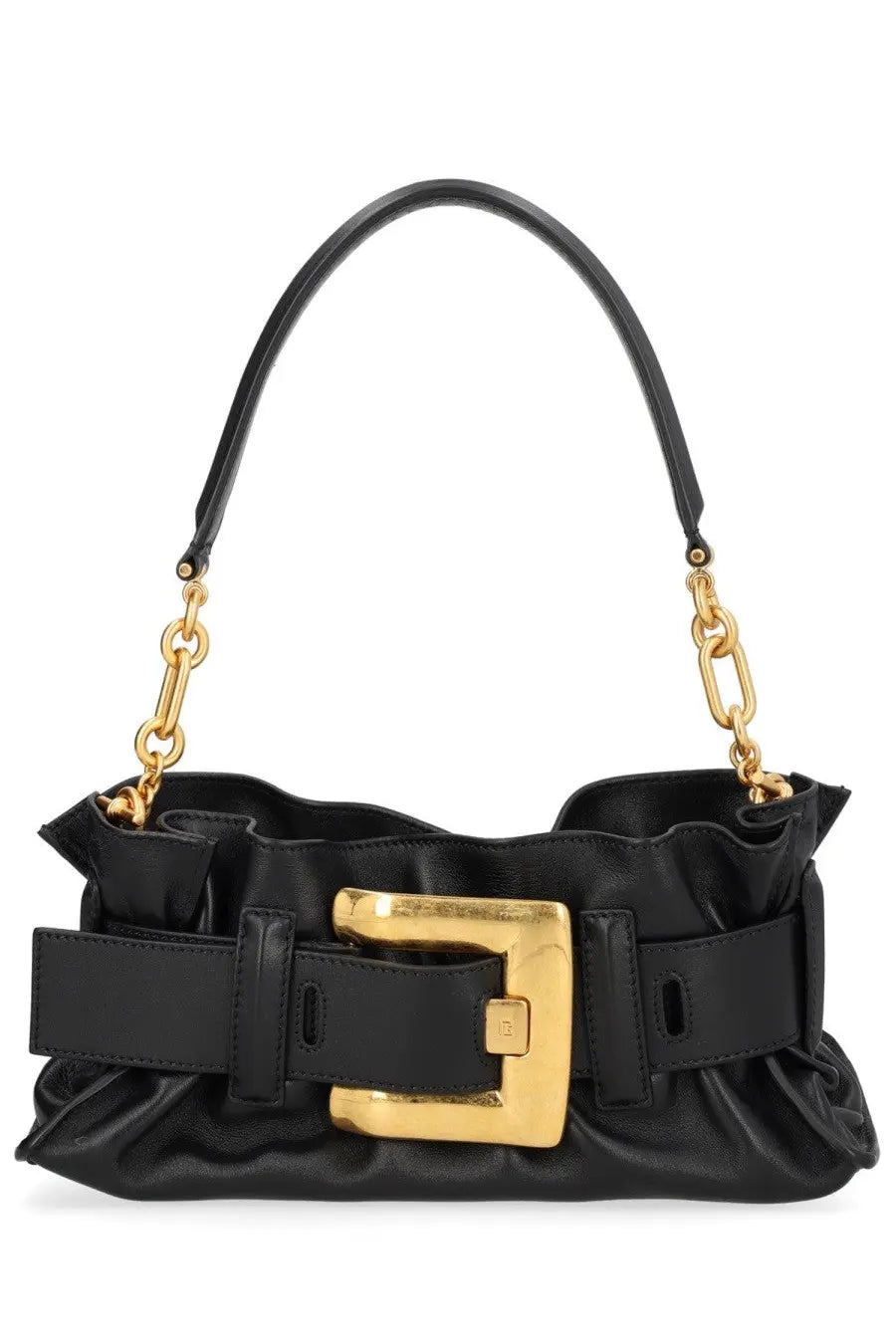 Balmain women’s mini anthem bag black leather with gold-tone buckle and chain strap