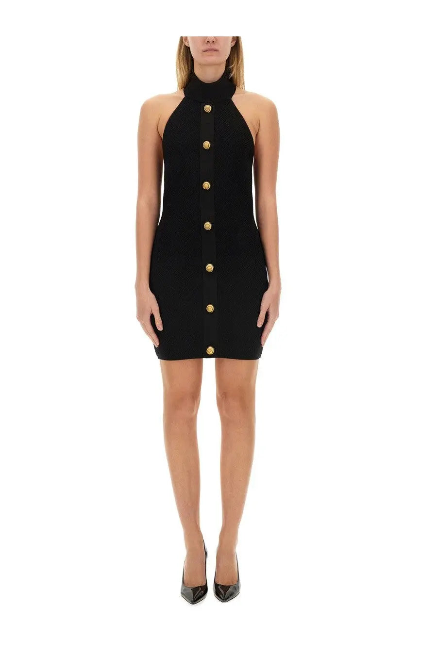 Balmain women’s black mini vichy halter-neck dress with gold-tone buttons down the front