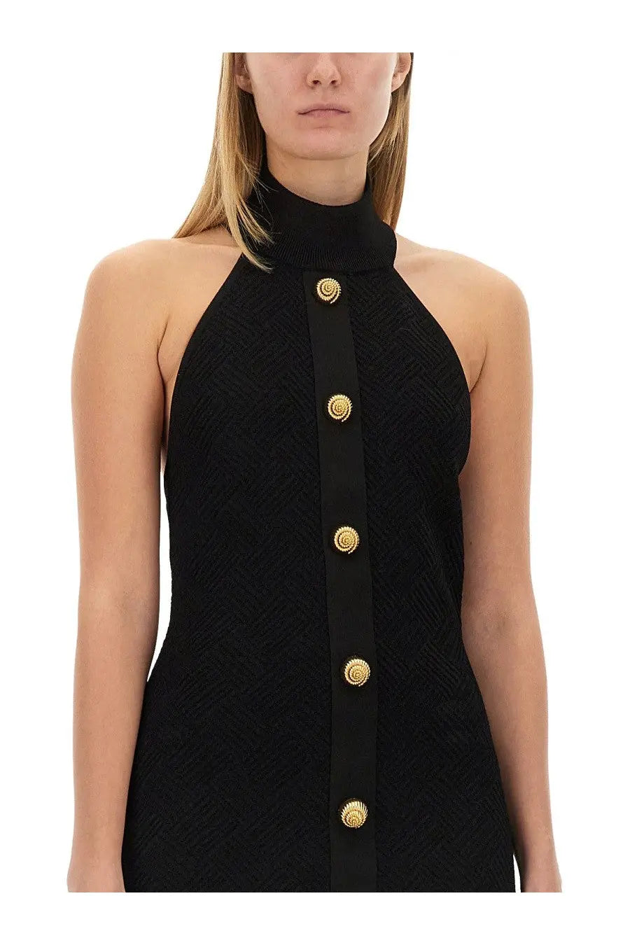 Balmain women’s black mini vichy dress with textured halter neck fabric and gold spiral buttons down the front
