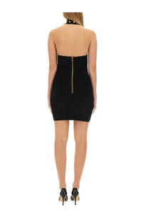 Balmain women’s mini vichy dress black halter neck with studded collar and back zipper detail shown from the back