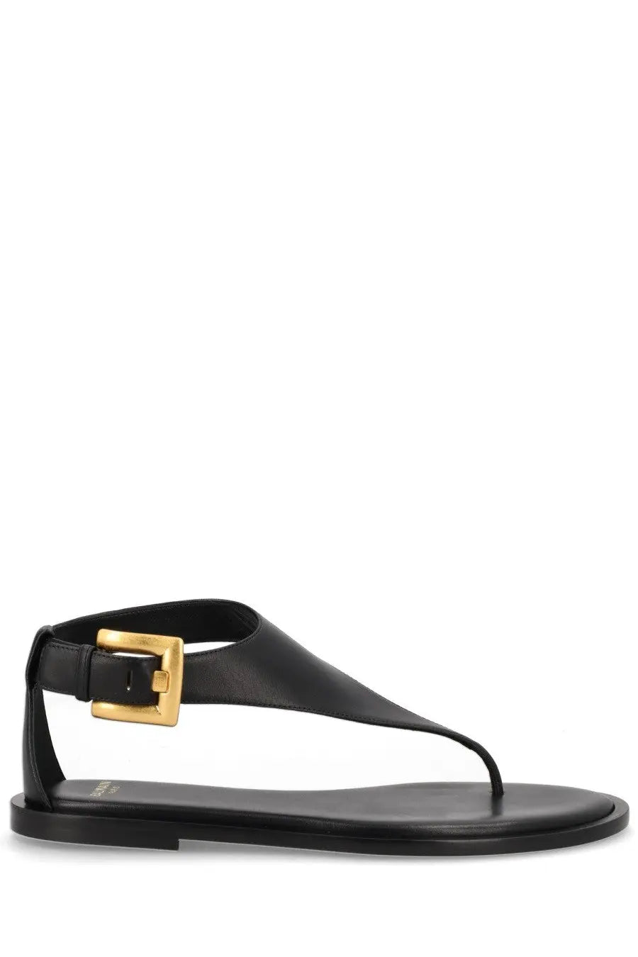 Balmain women’s black leather thong sandal with gold-tone buckle for stylish summer wear