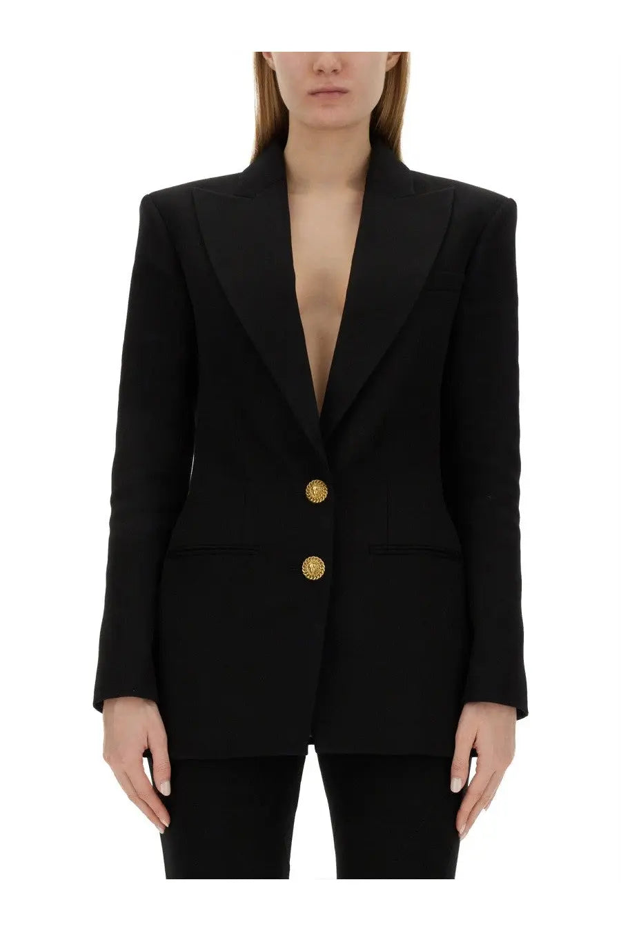 Balmain women’s single breasted black blazer with gold toned buttons and structured shoulders in wool blend material