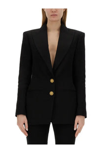 Balmain women’s single breasted black blazer with gold toned buttons and structured shoulders in wool blend material