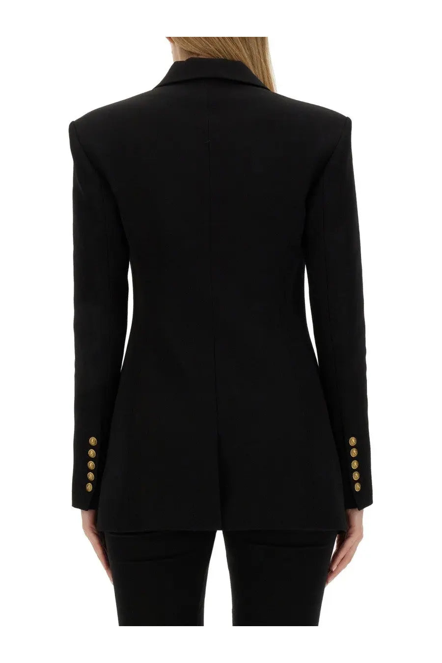 Balmain women’s black tailored single breasted blazer with gold-tone buttons on cuffs and shoulders