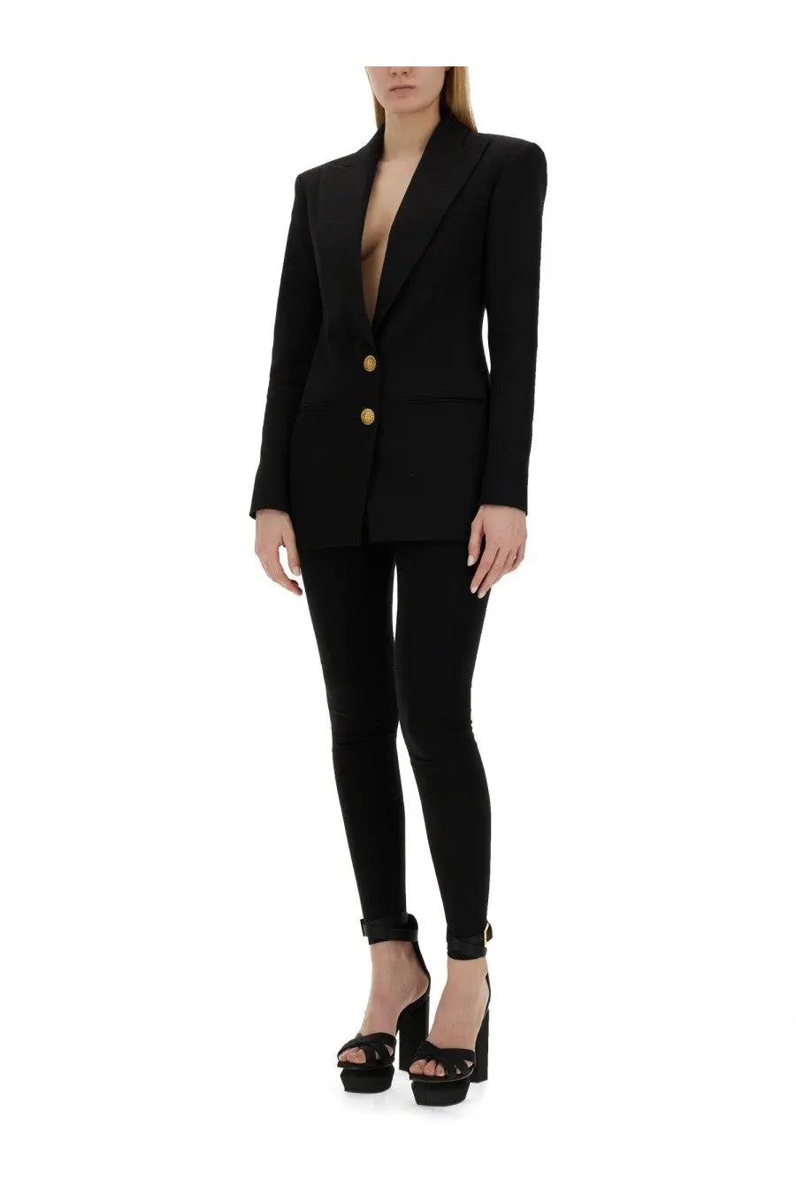Balmain women’s single breasted black tailored blazer with gold buttons and structured fit