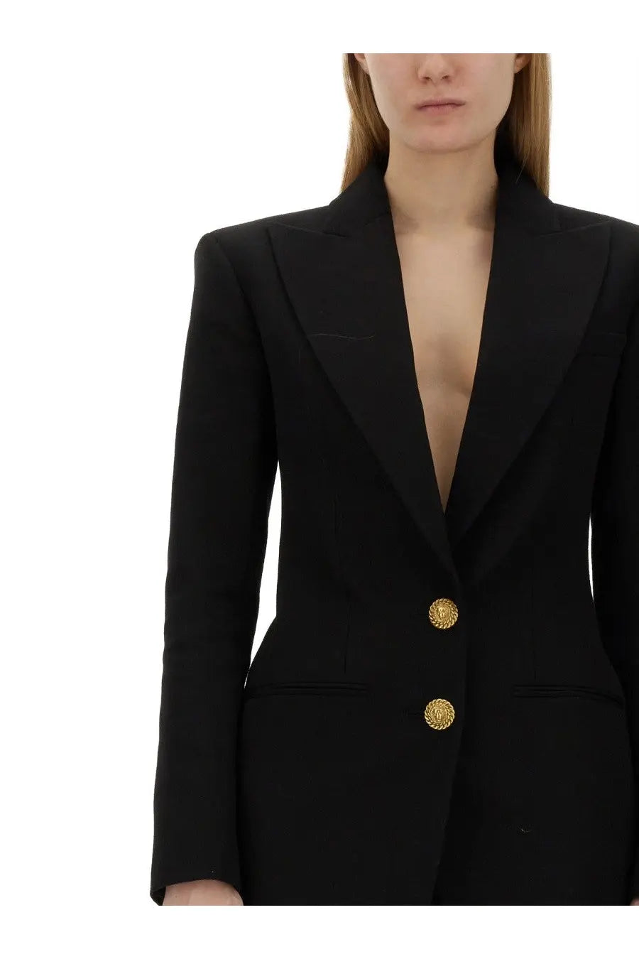 Balmain women’s black tailored blazer with gold toned ornate buttons single breasted jacket