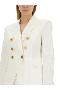 Balmain women’s white double-breasted blazer with six gold-toned buttons for elegant formal wear