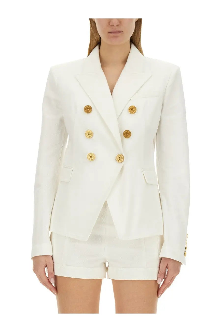 Balmain women’s white double-breasted blazer with six gold-toned ornate buttons and tailored fit