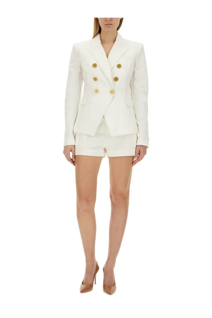 Balmain women’s white double-breasted blazer with six gold-tone buttons in a tailored jacket design
