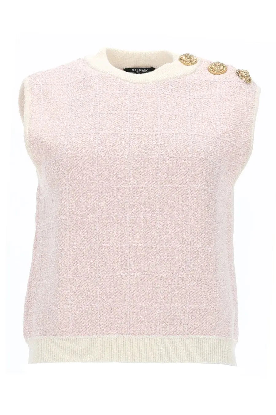 Balmain women’s sleeveless pale pink top with cream ribbed collar cuffs and three gold buttons on the shoulder