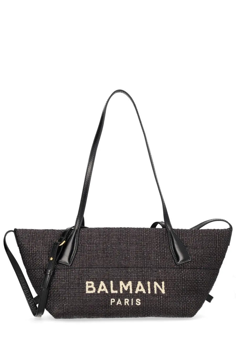 Balmain women’s small black woven tote bag with gold-tone balmain paris lettering and black leather handles