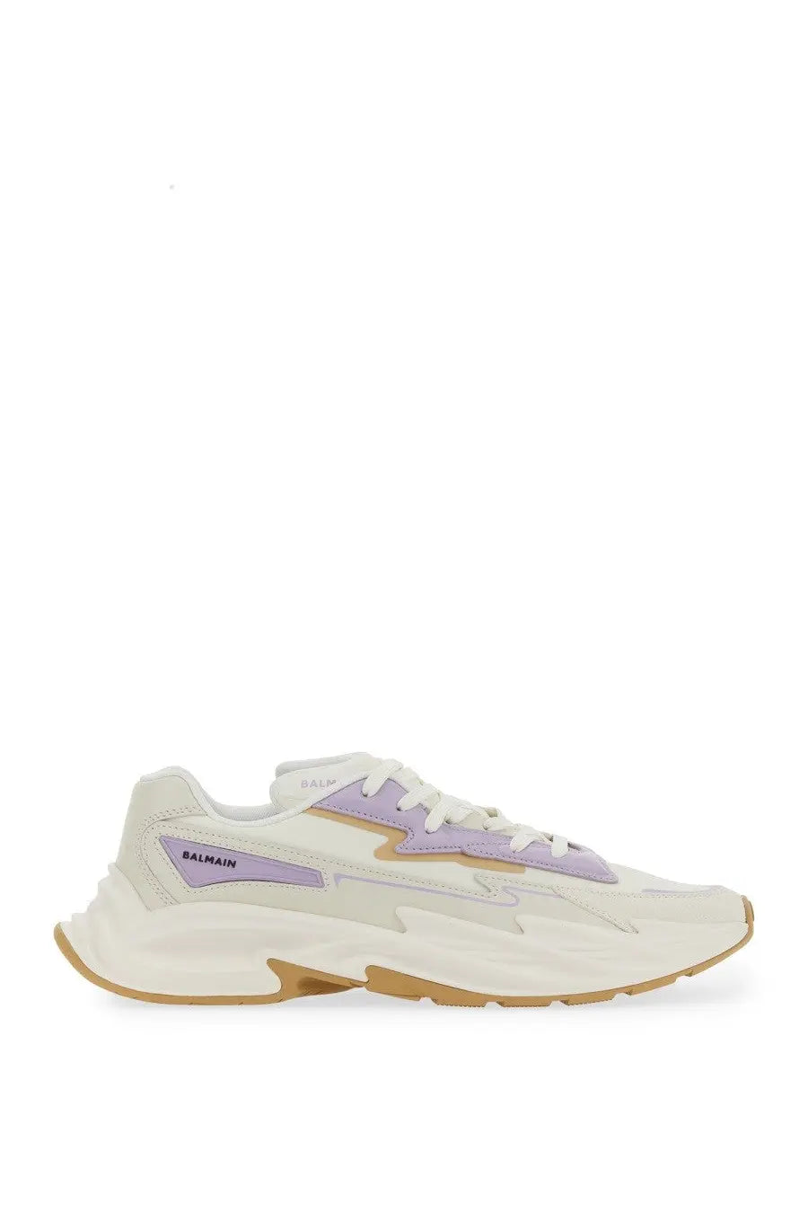 Balmain women’s sneaker DR4G0N white with lavender and cream suede and mesh layered athletic design