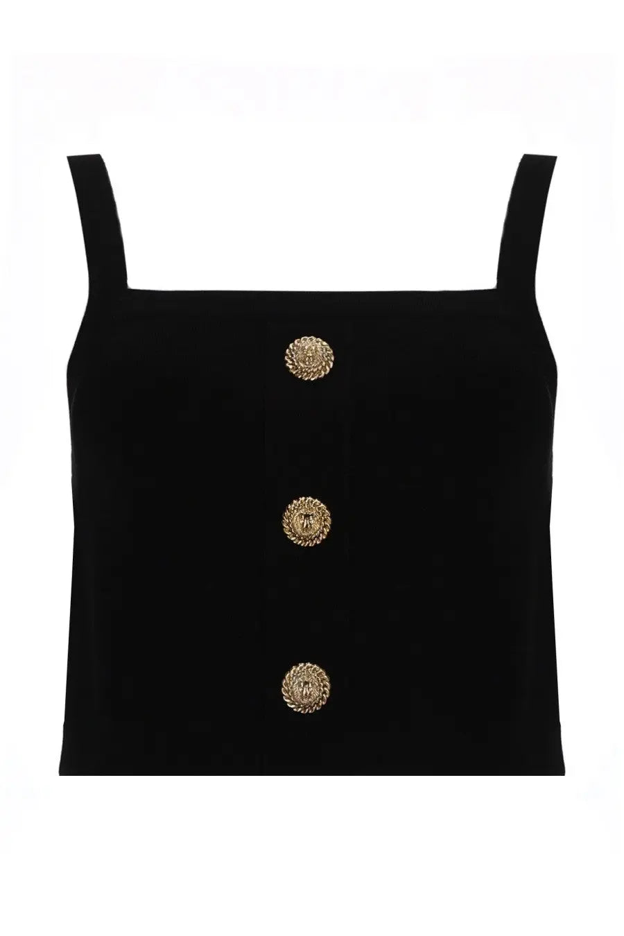 Balmain women’s black velvet crop top with three gold toned ornate buttons down the front
