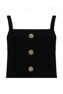Balmain women’s black velvet crop top with three gold-toned ornate buttons down the front