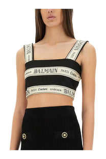 Balmain womens black paris crop top with white striped bands featuring the brand logo and text